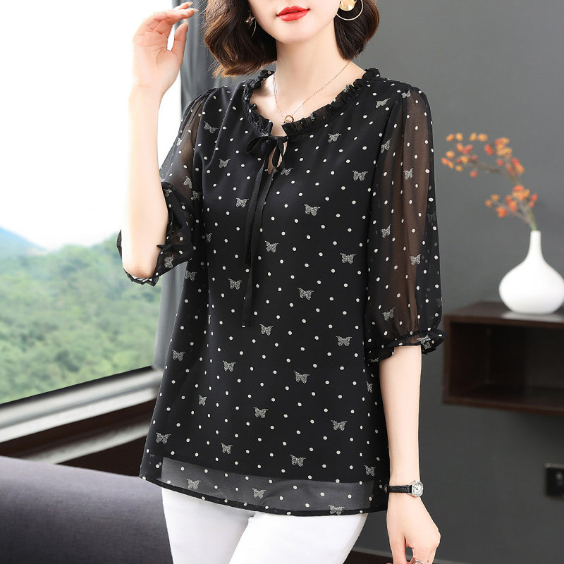 七分袖碎花雪纺衫女夏季新款妈妈遮肚子中袖上衣宽松大码短袖衬衫