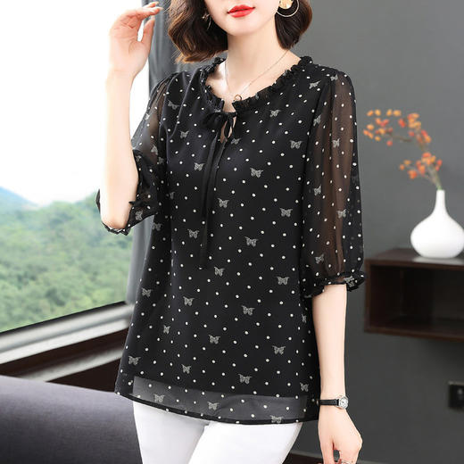 七分袖碎花雪纺衫女夏季新款妈妈遮肚子中袖上衣宽松大码短袖衬衫 商品图0