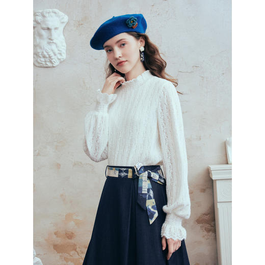 两三事 浮云织梦 2026春季新款百搭木耳边高领打底衫女长袖t 商品图1