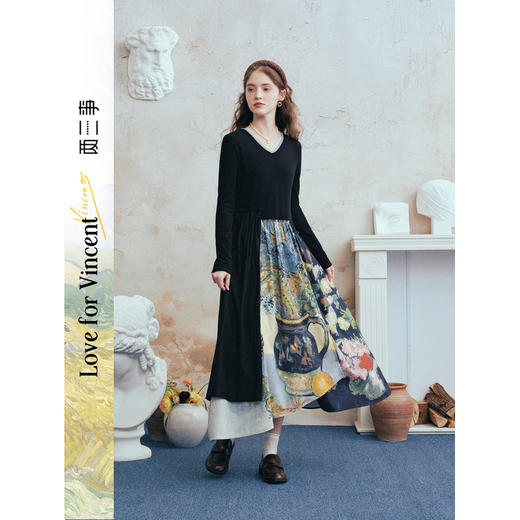 两三事梵高文艺 梦境回廊 2026春季新款印花拼接不规则裙摆连衣裙 商品图0
