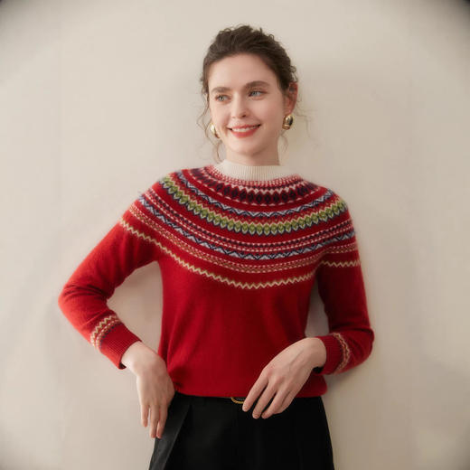 「高货rig」全新升级【铂金会员441/天猫589/差价148】(54015)洛诗琳费尔岛提花羊绒衫2025秋冬新款气质半高领套头毛衣 商品图0