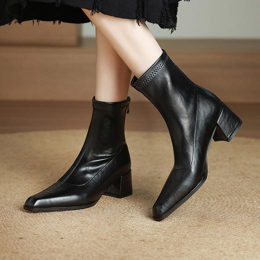 【预售5天】瘦瘦靴女粗跟百搭通勤及踝靴新款秋冬方头高跟短靴MLJ&C187 商品图2