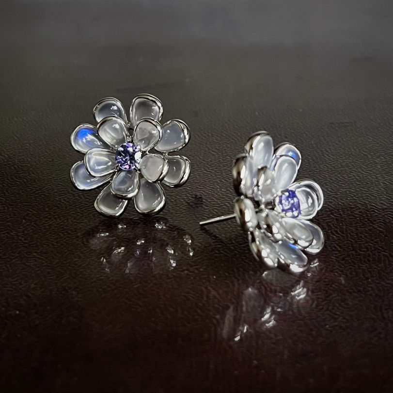 BY EVITA系列 花语 18K镶月光石和坦桑石 耳钉