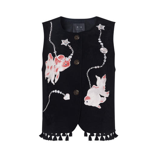 两三事 浮沉游影 2026春季新款复古金鱼刺绣流苏下摆马甲女宽松 商品图4