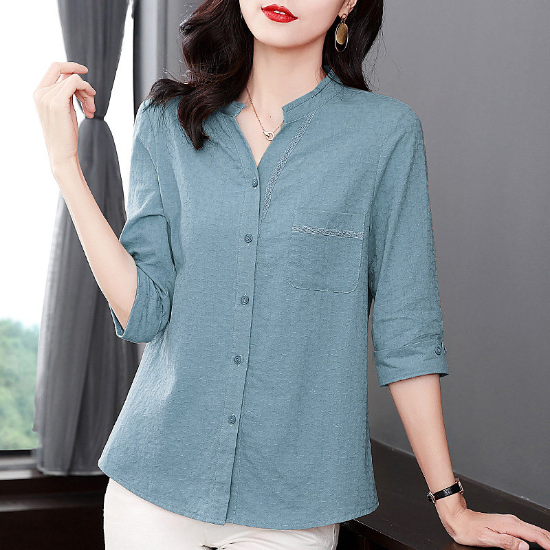 纯棉七分袖衬衫女2025新款春秋棉麻女士中年妈妈衬衣中袖全棉上衣