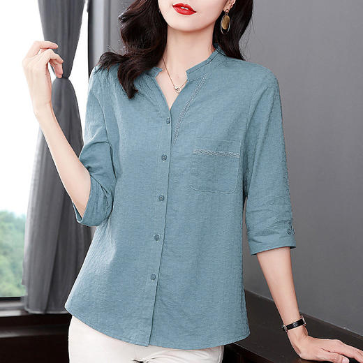 纯棉七分袖衬衫女2025新款春秋棉麻女士中年妈妈衬衣中袖全棉上衣 商品图0