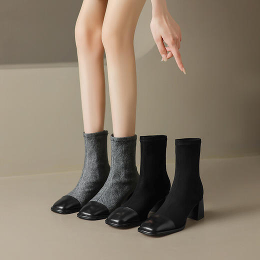 【预售5天】秋冬新款拼接方头粗跟短靴女高跟弹力瘦瘦靴YS&5955 商品图1