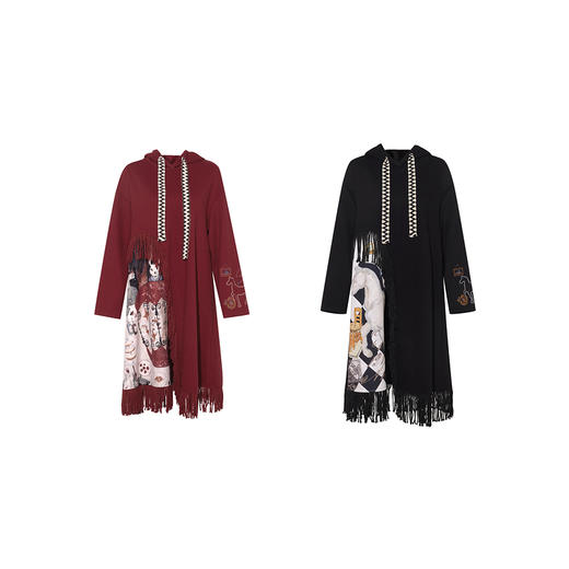 两三事梵高文艺岁华沉绛2026春季新款流苏裙摆印花开衩连帽连衣裙 商品图4