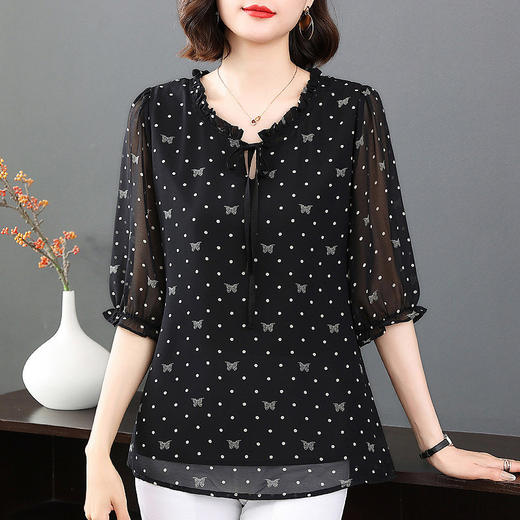 七分袖碎花雪纺衫女夏季新款妈妈遮肚子中袖上衣宽松大码短袖衬衫 商品图3