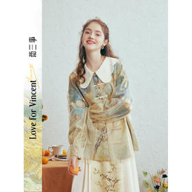 两三事梵高文艺 素雾缠枝 2026春季新款甜美娃娃领印花盘扣衬衫女