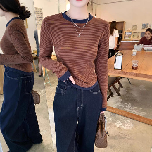 【99元拍2件】【甜辣风纯棉T恤】撞色圆领纯棉T恤 秋季假两件设计感修身内搭单穿上衣 商品图1