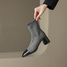 【预售5天】秋冬新款拼接方头粗跟短靴女高跟弹力瘦瘦靴YS&5955