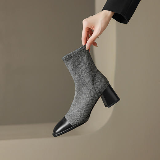 【预售5天】秋冬新款拼接方头粗跟短靴女高跟弹力瘦瘦靴YS&5955 商品图0