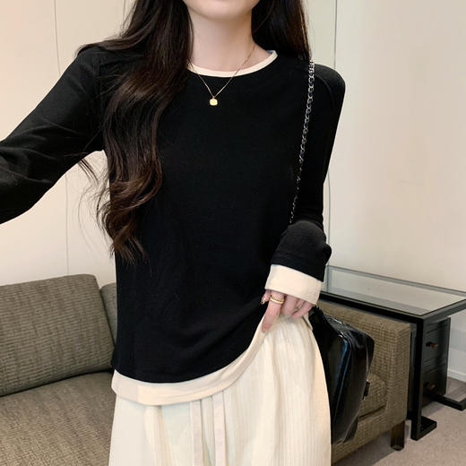 【99元拍2件】【甜辣风纯棉T恤】撞色圆领纯棉T恤 秋季假两件设计感修身内搭单穿上衣 商品图5