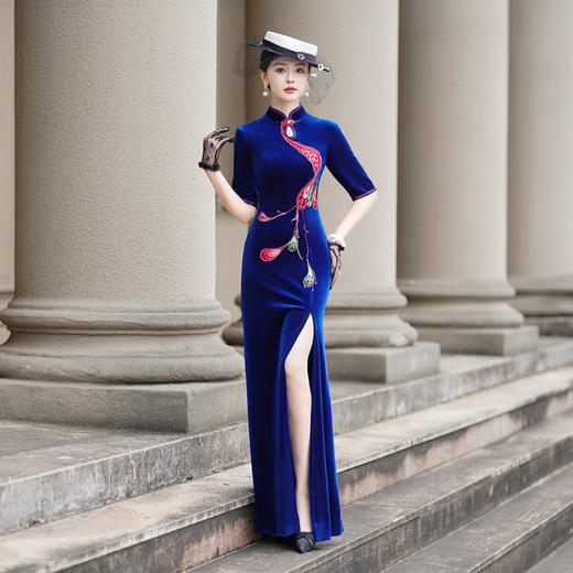 气质修身金丝绒高端改良单开叉加长款旗袍NL10-28 商品图0