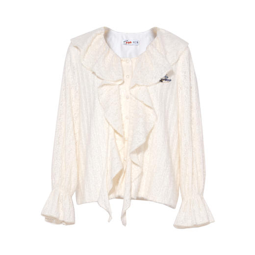 两三事梵高文艺蝴蝶挽风2026春新款甜美绣花荷叶边领蕾丝衫女宽松 商品图4