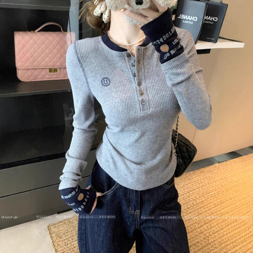 【99元拍2件】【甜辣风纯棉T恤】撞色圆领纯棉T恤 秋季假两件设计感修身内搭单穿上衣 商品图8