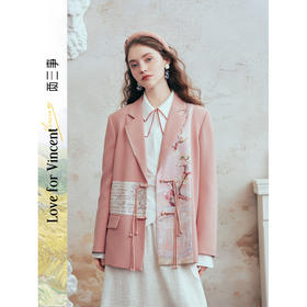 两三事梵高文艺 叩问春山 2026春季新款印花布拼接盘扣西装外套女