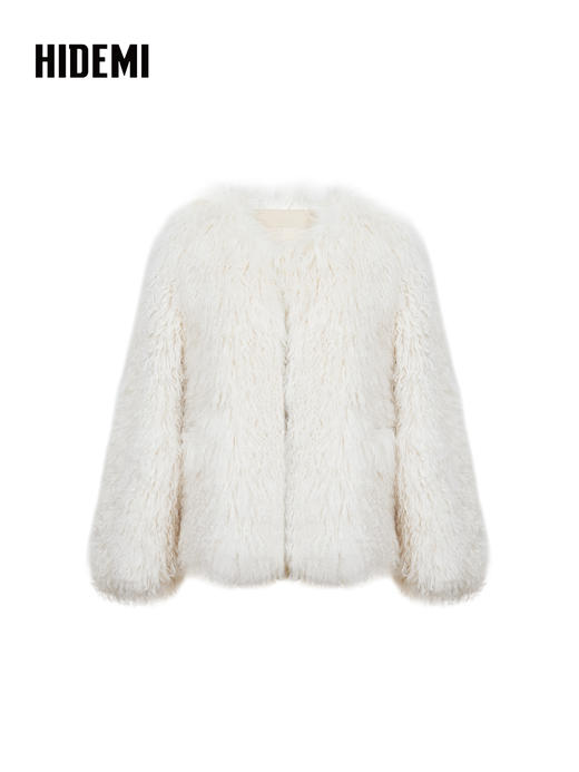 HIDEMI 进口新西兰长毛羊羔毛环保未染色皮毛一体外套 自然白 商品图9