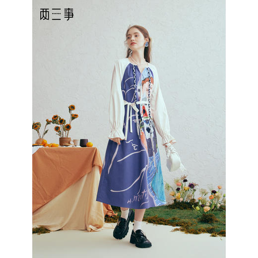 两三事 微光记忆 2026春季新款复古印花拼接绑带连衣裙气质长裙 商品图0
