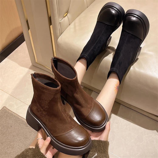 厚底粗跟马丁靴轻便低筒圆头弹力瘦瘦靴加绒短靴MB321-6 商品图3