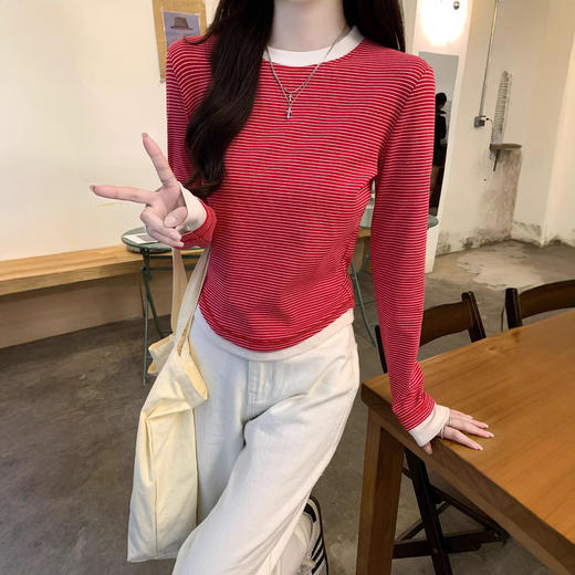 【99元拍2件】【甜辣风纯棉T恤】撞色圆领纯棉T恤 秋季假两件设计感修身内搭单穿上衣 商品图3