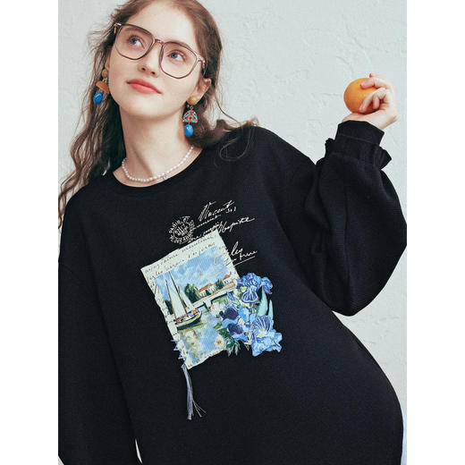 两三事梵高文艺 窗野空色 2026春季新款印花荷叶边裙摆拼接连衣裙 商品图2