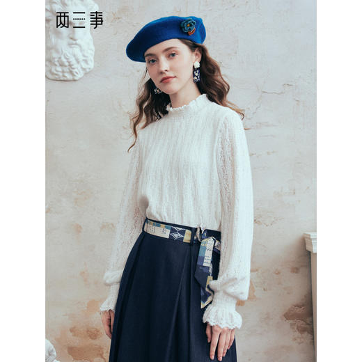 两三事 浮云织梦 2026春季新款百搭木耳边高领打底衫女长袖t 商品图0
