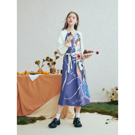 两三事 微光记忆 2026春季新款复古印花拼接绑带连衣裙气质长裙 商品图3