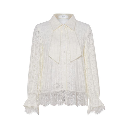 两三事 寂静云彩 2026春季新款复古蝴蝶结翻领镂空蕾丝长袖衬衫女 商品图4