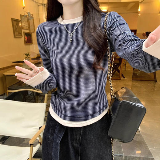 【99元拍2件】【甜辣风纯棉T恤】撞色圆领纯棉T恤 秋季假两件设计感修身内搭单穿上衣 商品图2