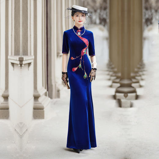 气质修身金丝绒高端改良单开叉加长款旗袍NL10-28 商品图3