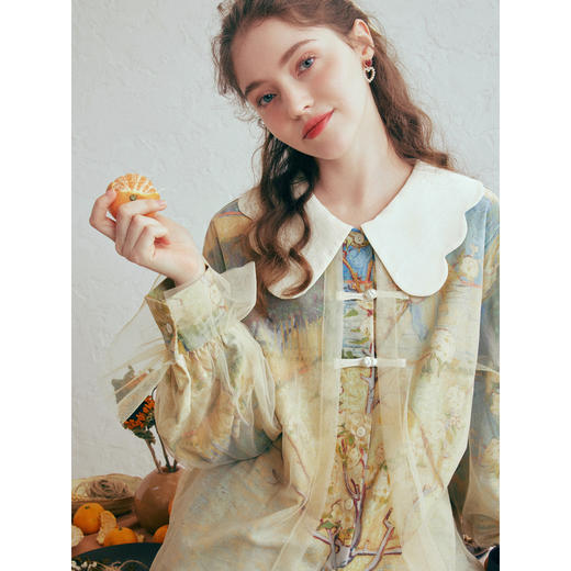 两三事梵高文艺 素雾缠枝 2026春季新款甜美娃娃领印花盘扣衬衫女 商品图2