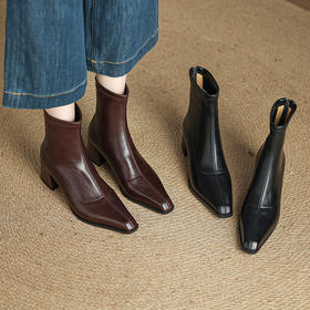 【预售5天】瘦瘦靴女粗跟百搭通勤及踝靴新款秋冬方头高跟短靴MLJ&C187
