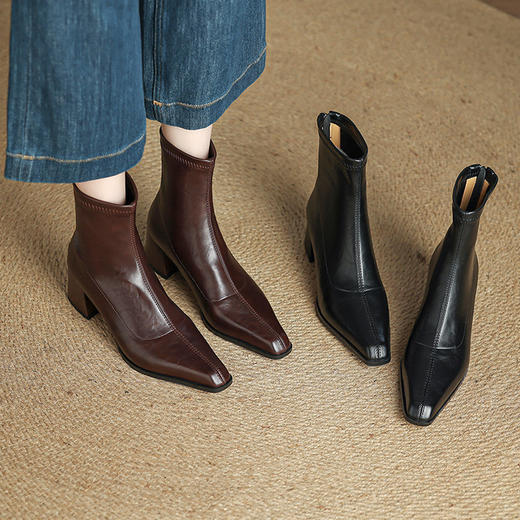 【预售5天】瘦瘦靴女粗跟百搭通勤及踝靴新款秋冬方头高跟短靴MLJ&C187 商品图0