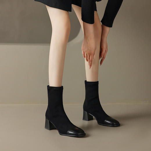 【预售5天】秋冬新款拼接方头粗跟短靴女高跟弹力瘦瘦靴YS&5955 商品图2