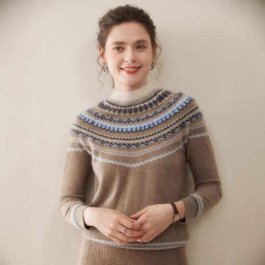 「高货rig」全新升级【铂金会员441/天猫589/差价148】(54015)洛诗琳费尔岛提花羊绒衫2025秋冬新款气质半高领套头毛衣 商品图2