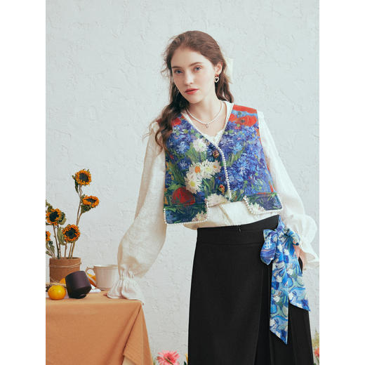 两三事梵高文艺雏菊情书2026春新款珠链边装饰印花短款马甲女马夹 商品图1