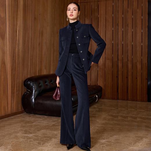IWY/藏青色高级感雪尼尔立领西装套装女秋冬职业装老钱风修身西服正装CP2594 商品图2