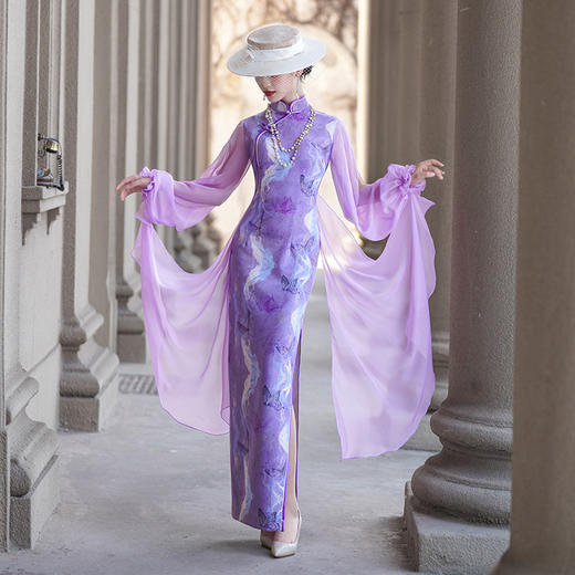 紫色新款中式改良立领法式网纱蝴蝶袖旗袍NL20250422 商品图1