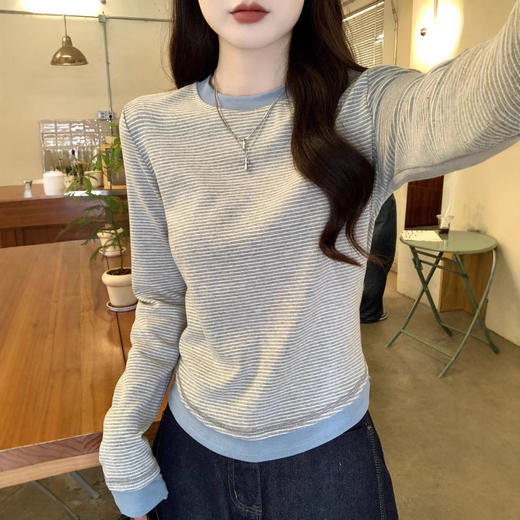 【99元拍2件】【甜辣风纯棉T恤】撞色圆领纯棉T恤 秋季假两件设计感修身内搭单穿上衣 商品图0