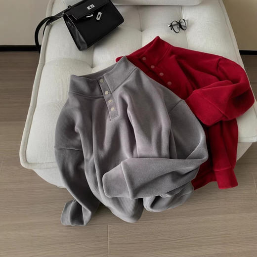 520g加绒加厚双面澳粒绒套头卫衣 冬季新年红立领保暖休闲上衣 商品图4