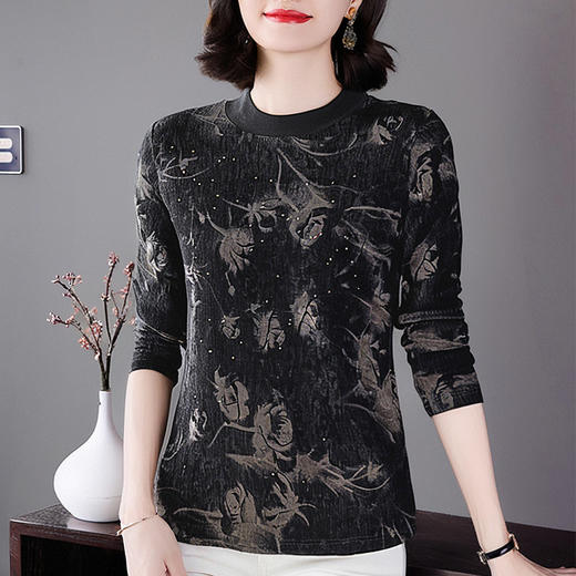 时尚圆领上衣女士新款春秋季中年妈妈打底衫内搭长袖t恤保暖秋衣 商品图0