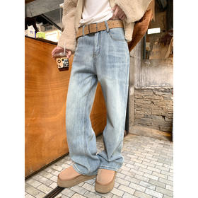 <曾小咸推荐>韩系高腰复古浅蓝直筒牛仔裤