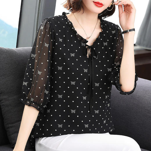 七分袖碎花雪纺衫女夏季新款妈妈遮肚子中袖上衣宽松大码短袖衬衫 商品图2