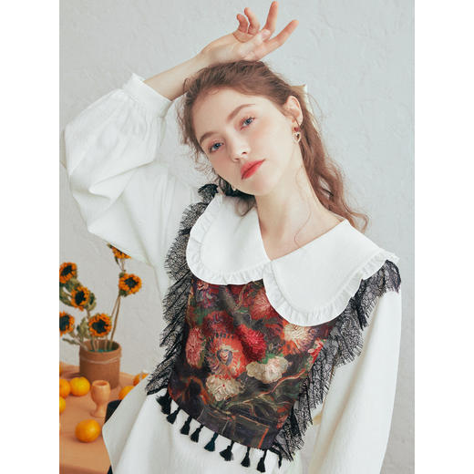 两三事梵高文艺云絮相叙2026春新款流苏印花布拼接绑带假两件衬衫 商品图2