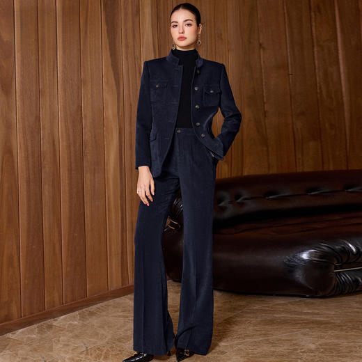 IWY/藏青色高级感雪尼尔立领西装套装女秋冬职业装老钱风修身西服正装CP2594 商品图1