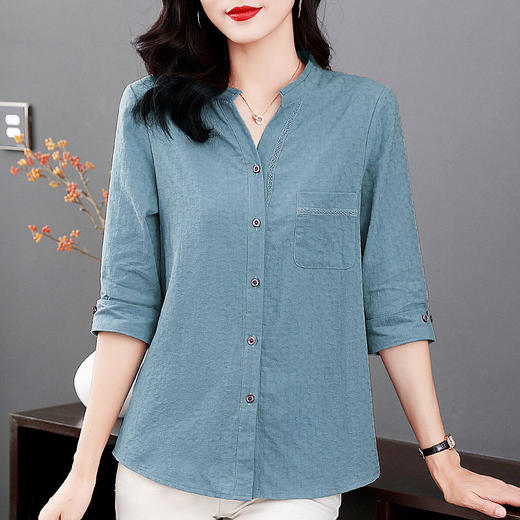 纯棉七分袖衬衫女2025新款春秋棉麻女士中年妈妈衬衣中袖全棉上衣 商品图2
