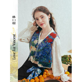 两三事梵高文艺雏菊情书2026春新款珠链边装饰印花短款马甲女马夹