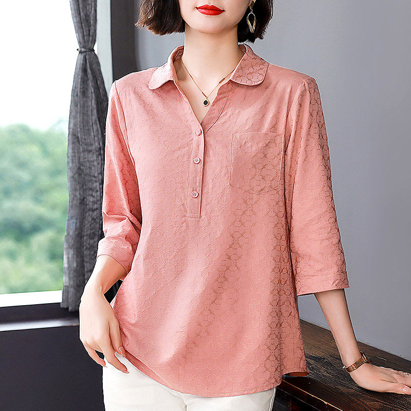 七分袖衬衫女春秋2025新款大码女装中年妈妈休闲女士衬衫粉色上衣